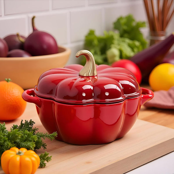 Pumpkin Cocotte with Lid & Handles,Pumpkin Dutch Oven Pot,Non Stick Pumpkin Pot,Serves 3-5,Enamel Cookware Crock for Porridge,Halloween Enamel Cast Iron Cooking Pot(Dark Red)3