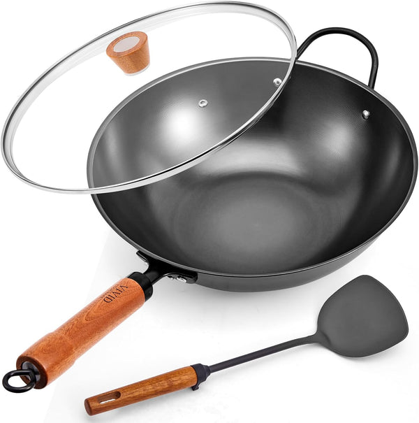 12.6 Inch Carbon Steel Wok with Lid, Flat Bottom Induction Wok Pan, Non-Coated Stir Fry Wok Skillet with Helper Handle, Gas Electric Ceramic Halogen Compatible, Includes Iron Wok Spatula1