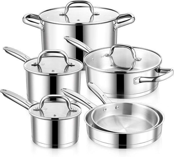 Stainless Steel Cookware Set, 10-Piece Induction Pots and Pans Set | Non-Toxic Kitchen Cooking Set W/Frying Pan, Saucepan, Saute Pan, Stockpot with Lids, Oven & Dishwasher Safe1