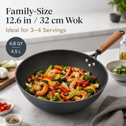 Carbon Steel Wok with Glass Lid, 12.6 Inch Flat Bottom Stir Fry Pan, Rolled Edge Spun Wok Pan, Coating-Free Wok for Induction, Gas & Electric Cooktops, 3–4 Servings2
