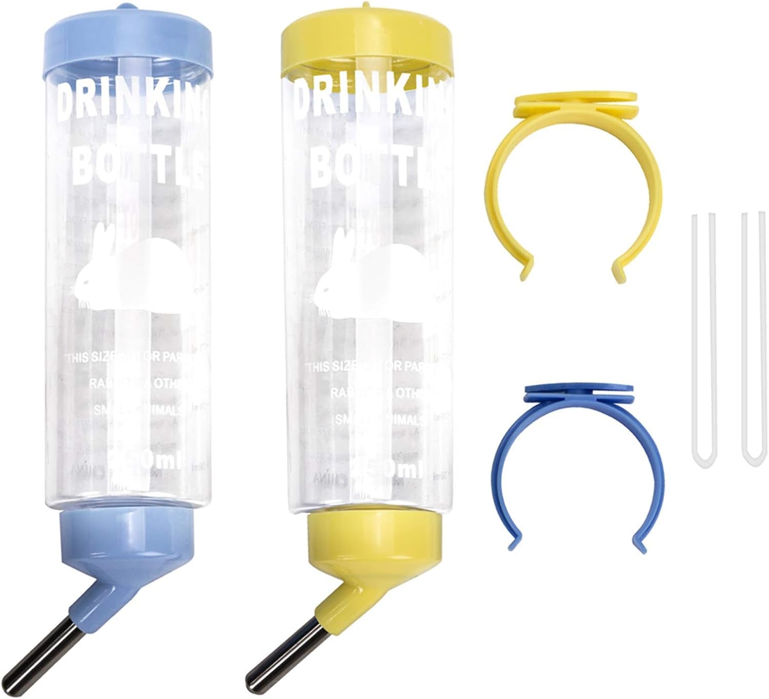 2pcs-8-45-oz-no-drip-small-animal-water-bottle-cage-water-bottles-for-small-pet-bunny-ferret-hamster-guinea-pig-rabbit-plastic-for-small-pet-guinea-pig-hamster-bunny-ferret-rabbit-hanging-wire-buckle-included-easy-to-install-yellow-blue