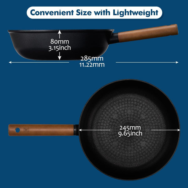 Aluminum Body Flat Bottom Wok, Restaurant & Business Grade Fry Pan Titanium Coated Non-Stick Surface, Wooden Handle, Made in Korea, Deep Large Skillet, Black(17.91"L X 11.22"W X 3.15"H)3