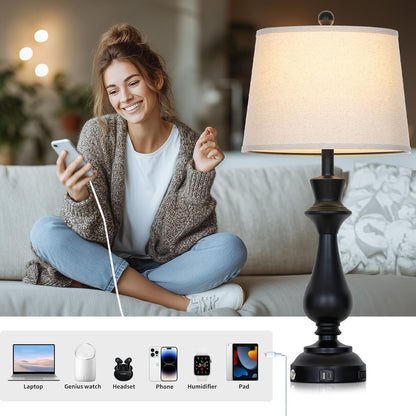 Modern Black Table Lamps Set of 2 for Living Room,30" Tall Bedside Lamp with USB Charging Port,3-Way Dimmable Touch Nightstand Lamp for Bedroom Desk Side Table Office,Black4