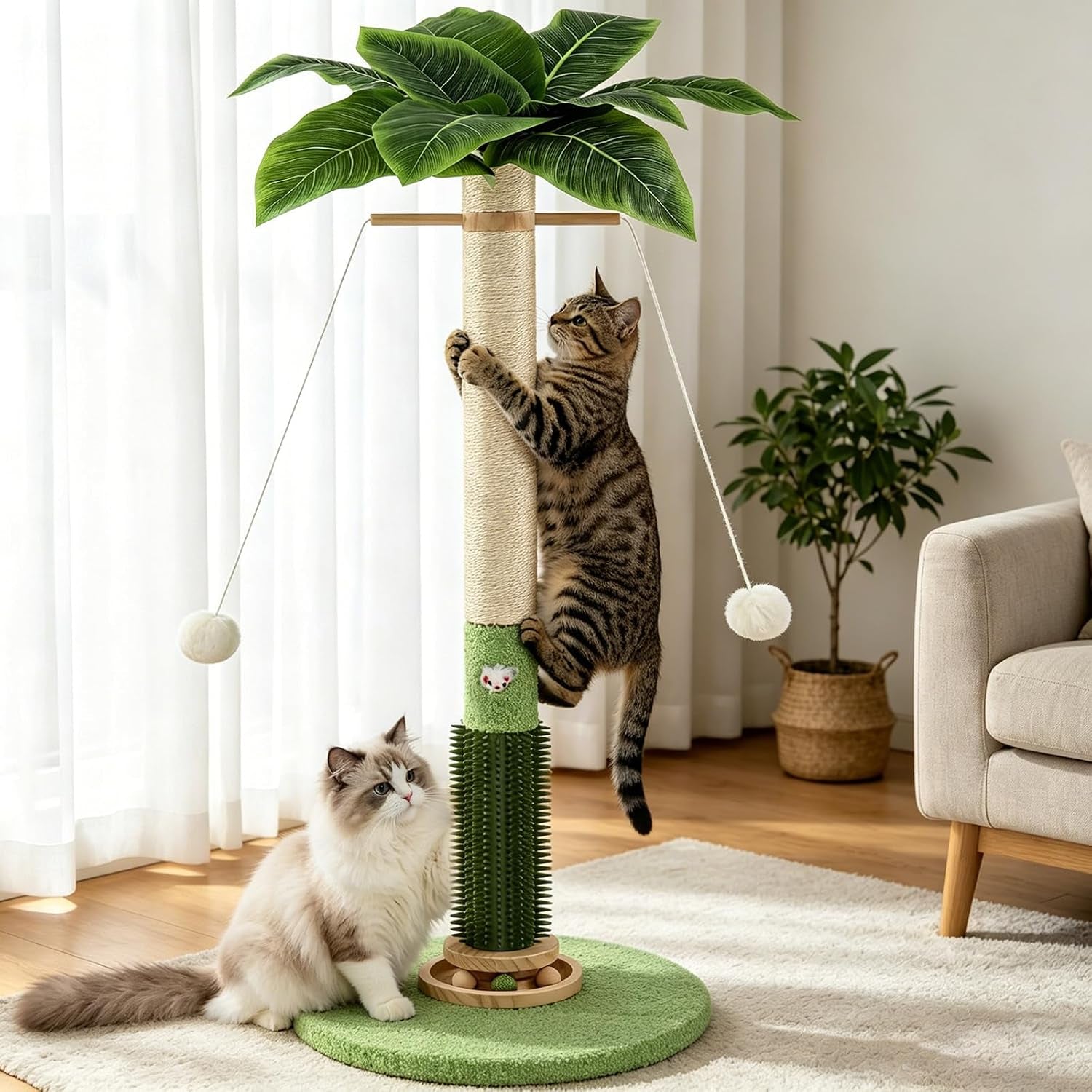 cat-scratching-post-37-5-tall-palm-tree-sisal-scratcher-for-indoor-cats-natural-sisal-stable-vertical-scratcher-tower-mouse-hole-toy-rotating-interactive-ball-self-groomer-for-full-body-stretching