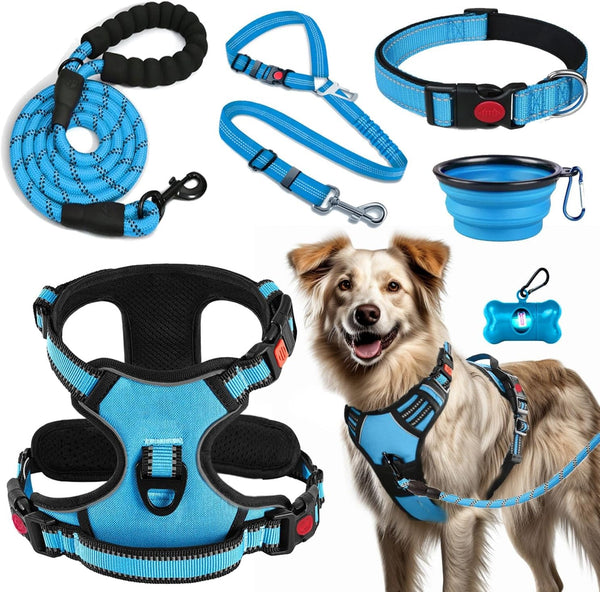 LOBEVE No Pull Dog Harness, Collar & Leash Set | Includes Dog Seat Belt, Collapsible Bowls & Poop Bag Dispenser. Ideal for Training, Walking, Hiking. Fits Small to Large Dogs(Pink-L)12