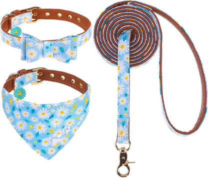 EXPAWLORER Puppy Collar and Leash Set - Embroidery Pawprints Plaid Dog Collar and Dog Leash Set, Bow Tie and Bandana Dog Collar with Bell, Cute Collar and Leash for Dogs Cats Outdoor Walking, Blue S16