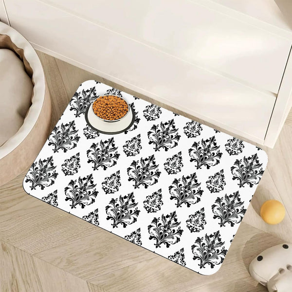 Vintage Damask Flower Dog Cat Food Mat,White Black Floral Absorbent Pet Feeding Mat for Food and Water,Non-Slip Dog Bowl Mats Floor Protector 12"X20"1