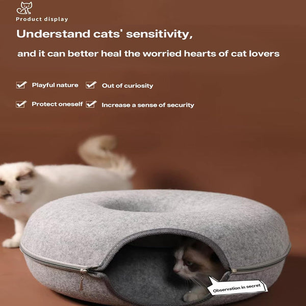 Cat Donut Tunnel Bed for Indoor Cats - Peekaboo Cat Cave, Detachable Felt, Washable, Interactive Play & Cozy Rest Space for Multiple Cats (Dark Gray)7