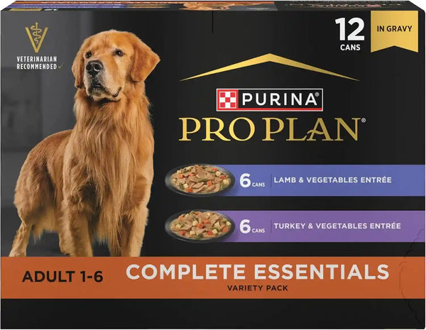 Purina Pro Plan Complete Essentials Wet Dog Food, Lamb and Vegetables and Turkey and Vegetables in Gravy Variety Pack - (Pack of 12) 13 Oz. Cans1