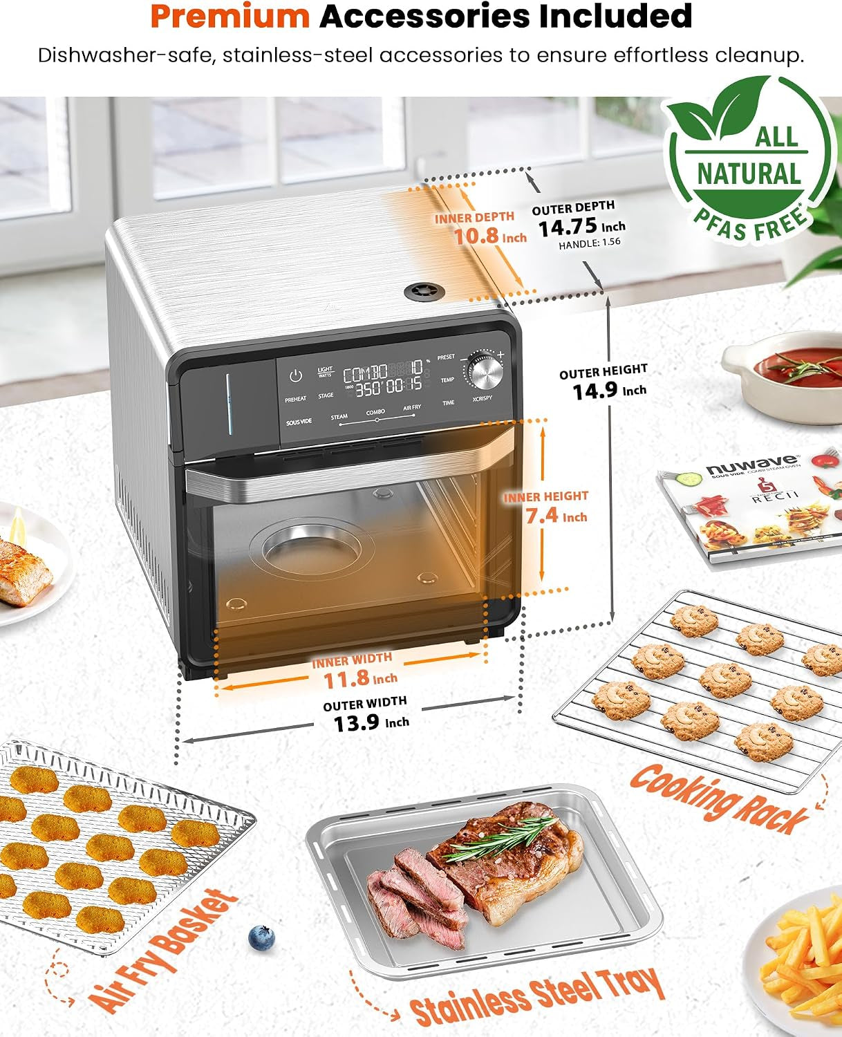 nuwave-combi-steam-oven-non-toxic-stainless-steel-multi-cooker-16-quarts-air-fry-sous-vide-toast-more-50-450-f-precision-120-presets-moisture-control-programmable-easy-to-clean