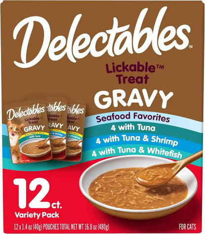 Delectables Lickable Treat Gravy Variety Wet Cat Treat & Food Topper, Food Topper, Hydrating, Grain-Free, No Fillers, No By-Products, No Added Preservatives, 1.4Oz Pouch, 30 Pack15