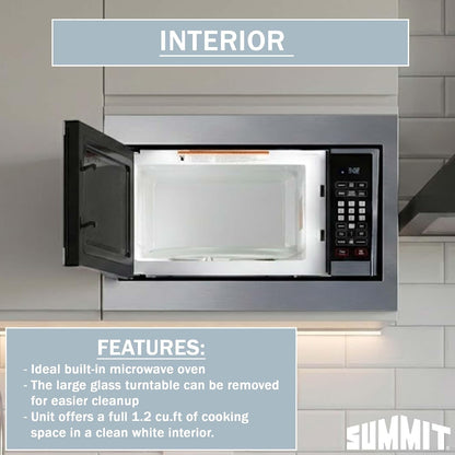 Summit 24" Built-In Microwave with Trim Kit, Stainless Steel - SMBI24 | 1000W Built-In Microwave with Stainless Steel Trim Kit Designed to Fit 15 3/4" H X 22 1/2" W X 18 1/4" D Wide Cutouts8