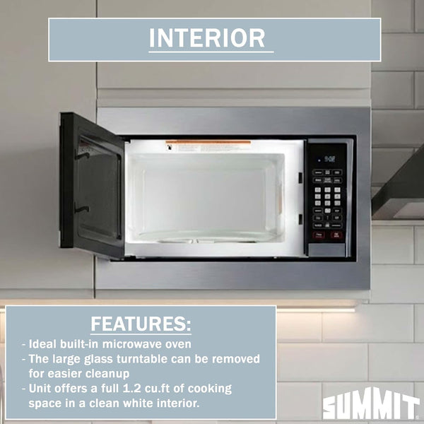 Summit 24" Built-In Microwave with Trim Kit, Stainless Steel - SMBI24 | 1000W Built-In Microwave with Stainless Steel Trim Kit Designed to Fit 15 3/4" H X 22 1/2" W X 18 1/4" D Wide Cutouts8