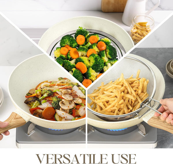 12 Inch Wok Pan with Lid - Woks & Stir-Fry Pans Nonstick Wok with Lid, Stir Fry Pan with Cool-Touch Handle, Induction Wok Set with Stainless Steamer & Fryer Basket7