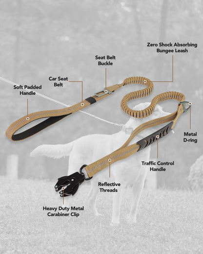 Joytale Tactical Bungee Dog Leash, Shock Absorbing No Pull, Coyote Brown | for Large Dogs That Pull, 2 Padded Handles for Control, Car Seatbelt Clip, Reflective for Night Safety, Metal Frog Clip7