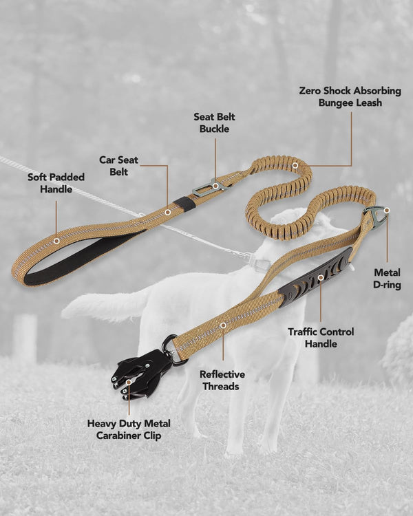 Joytale Tactical Bungee Dog Leash, Shock Absorbing No Pull, Coyote Brown | for Large Dogs That Pull, 2 Padded Handles for Control, Car Seatbelt Clip, Reflective for Night Safety, Metal Frog Clip7