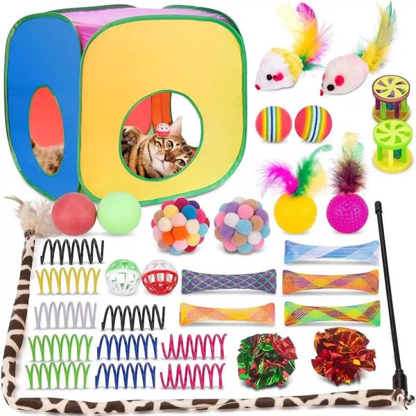 Retro Shaw 33 Pack Cat Toys for Indoor Cats, Collapsible Kitty Tunnel Tent with Feather Teaser Wand, Springs Balls Bell Mouse Interactive Kitten Hideaway Playhouse 15.7 Inches9