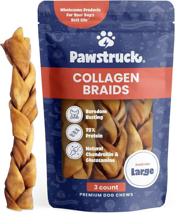 Pawstruck Natural Large 10-13” Beef Collagen Braids for Dogs – Long-Lasting Rawhide & Bully Stick Alternative, with Chondroitin & Glucosamine – 3 Pack1