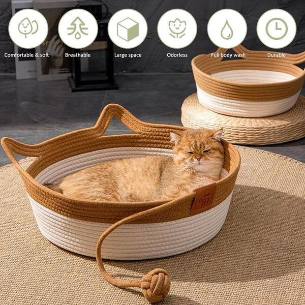 Handwoven Cotton Rope Cat Bed - Breathable & Easy to Clean, Foldable Scratchable Hammock with Cat Ear Design, with a Playing Ball for Kittens - Large Brown2
