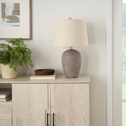 Home 23" Greyish Brown Earth Tone Rustic Farmhouse Ceramic Table Lamp for Bedroom, Living Room, Dining, Office, with Beige Linen Shade3