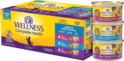 Wellness Complete Health Pate Variety Pack Adult Canned Wet Cat Food, Natural, Protein Rich, Grain Free, Seafood Favorites, 3 Oz, Pack of 24 Cans15