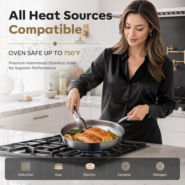 12" Titanium Pans for Cooking with Lid Hammered Chef-Grade Skillet | No Coating & Pfas-Free Healthy Cookware, Durable Non-Toxic Pan, Induction Compatible, Dishwasher & Oven Safe8