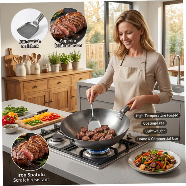 Wok Pan - Nonstick Wrought Iron Wok, Uncoated Forged Iron Stir Fry Pan with Wooden Handle, Silver 15 Inch3