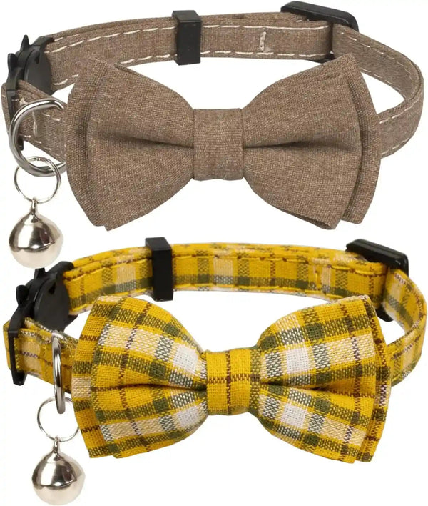 Cat Collar Breakaway Bowtie Safety with Bell Adjustbale Kitten Puppy Solid Plaid Color Set D-[2Pcs] Pink-213