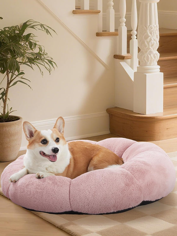 Ohgeni 31 Inches Calming Donut Orthopedic Dog & Cat Bed for Medium Pets, Warming Comfort Fluffy Short Pile Fur, Durable Waterproof Machine Washable Removable Cover, Cute round Bed for Puppy, Camel13