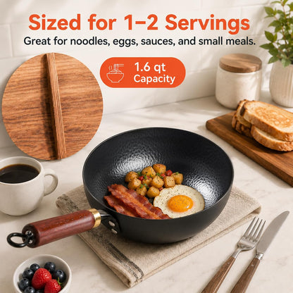 8-Inch Carbon Steel Wok with Lid, Flat Bottom, Gas and Induction | Hammered Carbon Steel, 1.6 Qt Capacity, Removable Beechwood Handle, Uncoated, for Noodles, Eggs, Sauces and 1-2 Servings3