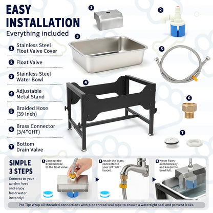 BWOGUE 3 Gal Automatic Dog Water Dispenser, Elevated Outdoor Bowl for Dogs | Automatic Water Dispenser for Dogs, Stainless Steel Pet Waterer, 9/11/13/15 in Stand, Float Valve, Big Dogs Pets Livestock5