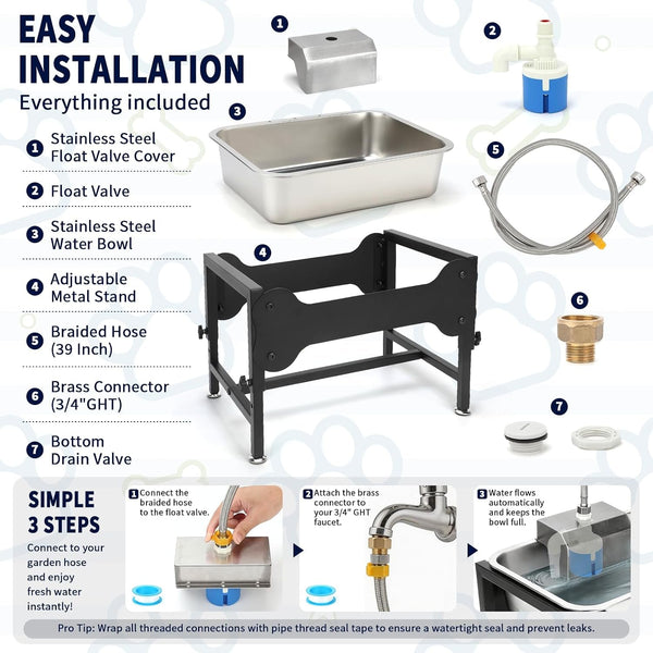 BWOGUE 3 Gal Automatic Dog Water Dispenser, Elevated Outdoor Bowl for Dogs | Automatic Water Dispenser for Dogs, Stainless Steel Pet Waterer, 9/11/13/15 in Stand, Float Valve, Big Dogs Pets Livestock5