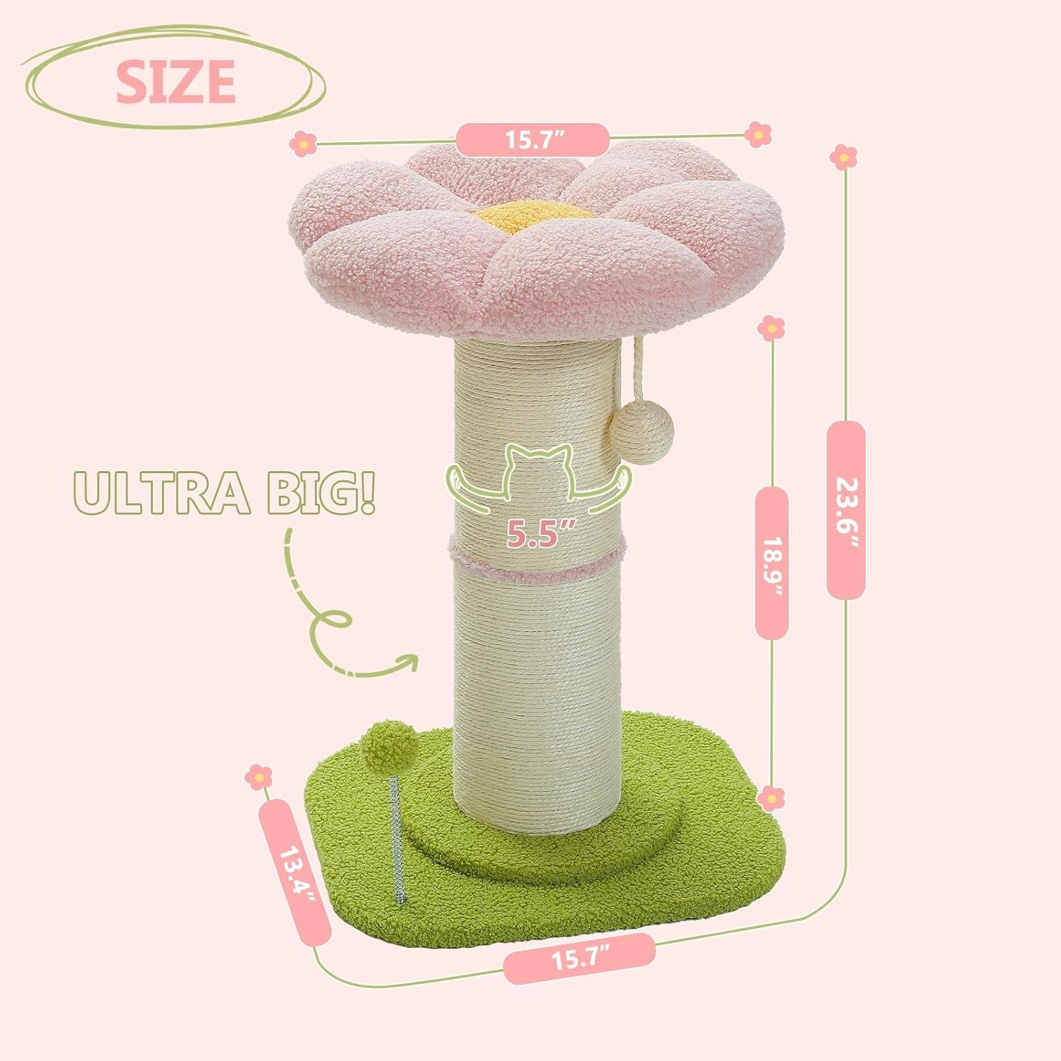 pequlti-flower-cat-scratching-post-super-thick-5-5in-sisal-post-pink-small-cat-kitten-scratcher-removable-flower-bed-sisal-spring-ball-enlarged-double-base-cute-pink-flower-cat-tree