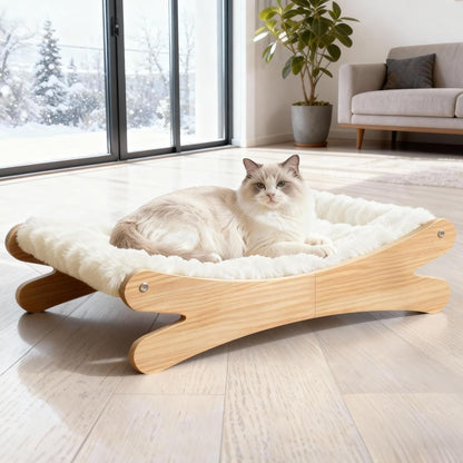 Plush Elevated Cat Bed - Cozy Raised Cat Hammock with Solid Wood Frame, Soft Furry Cushion for Indoor Cats & Small Dogs, Multi-Color Options(White)1
