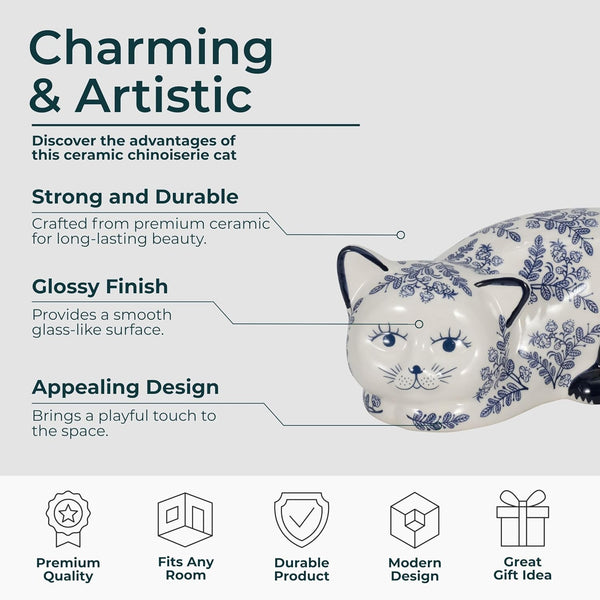 Ceramic Chinoiserie Cat Sculpture for Home Decor - Chic Ornaments for Bathroom, Office, Room and Living Room Display Styling - Sculptural Figurine for Shelf or Coffee Table Decor - 4", Blue & White5