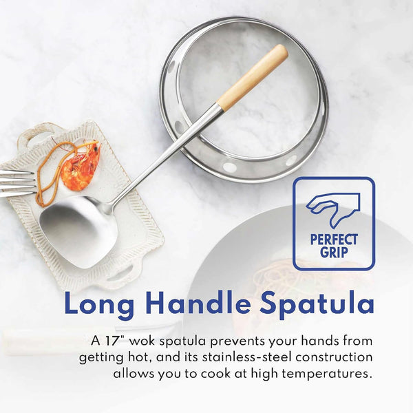 Carbon Steel Wok Set - 14" round Bottom, Hand Hammered with Wood and Steel Helper Handle, Includes Rack/Ring and Spatula (Hand Wash Recommended)4