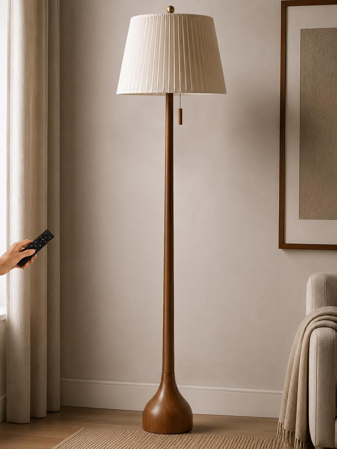 mid-century-modern-real-wood-floor-lamp-with-remote-2-shades-65-tall-sculptural-teardrop-base-foot-switch-stepless-dimming-3-color-temperatures-1h-timer-bulb-included