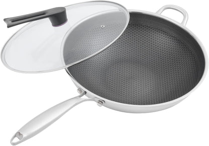 14.2 Inch Stainless Steel Stir-Fry Wok, Cooking Frying Pan, Non Stick Honeycomb Skillet with Stay Cool Handle, Class Lid, Suitable for Induction, Ceramic, Electric, and Gas Cooktops1