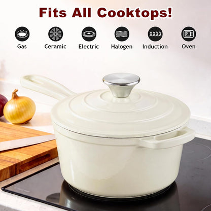 2Qt Enameled Cast Iron Sauce Pan,  Dutch Oven Pot with Lid, Non Stick Cooking Simmer Pots Induction Kitchen Cookware for All Cooktops Baking Bread, Soup, Ramen - up to 500°F, Cream White7