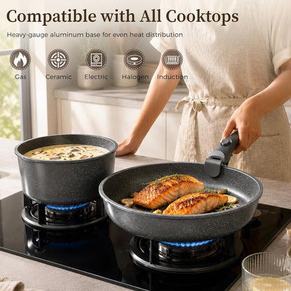9Pcs Granite Nonstick Pots and Pans Set, Stackable, Oven Safe | Non-Toxic Cookware Set with Detachable Handle for Rvs, Camping, Pfos/Pfoa-Free Induction Compatible4