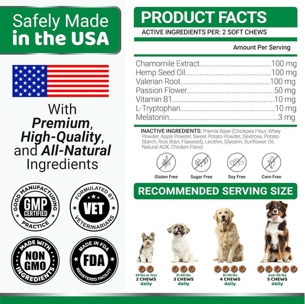 Hemp Calming Chews for Dogs - Advanced Dog Calming Chews - 170 Chews - Anxiety Relief Treats - Separation Aid, Barking, Stress Relief, Thunderstorms - Melatonin - Hemp Oil - Made in USA6