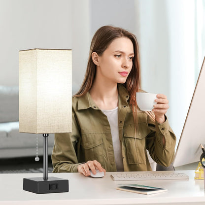 15'' Bedside Table Lamp for Bedroom Small Night Light Lamps for Night Stand | Pull Chain Table Lamps for Night Stands with AC Outlet，Desk Lamp with 2 Bulbs Lamp for Living Room Kids Room Office Decor7