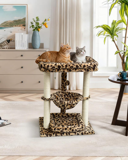 SYANDLVY Leopard Print Small Cat Tree with Top Perch, Hammock & Bottom Bed | 3 Level, Natural Sisal Scratching Post Tower with Hanging Bell Ball and Anti-Tip Strap, Stable Indoor Cat Furniture7