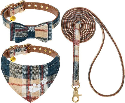 EXPAWLORER Puppy Collar and Leash Set - Embroidery Pawprints Plaid Dog Collar and Dog Leash Set, Bow Tie and Bandana Dog Collar with Bell, Cute Collar and Leash for Dogs Cats Outdoor Walking, Blue S26