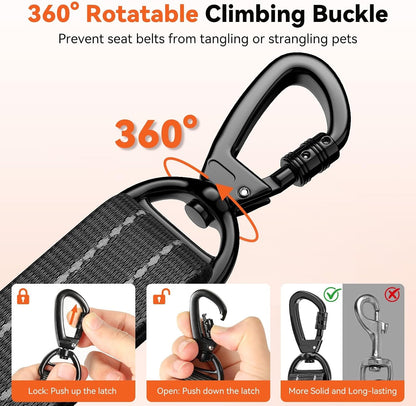 2Pcs Dog Seat Belt, Dog Car Seat Belt Bungee for Pet, Black | Buckle & Hook Latch, Adjustable Reflective Pet Vehicle Tether, 360° Swivel Lock Clasp3