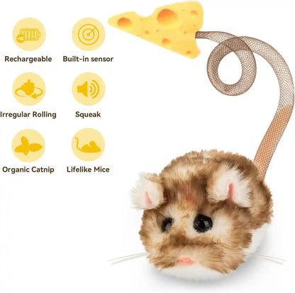 Migipaws Interactive Migimouse Cat Toy 360° Rolling & Spin with Mesh Plastic Tail for Indoor Cats Smart Motion Sensor, Realistic Squeak, Rechargeable Plush Kitten Toy(Brown Long)4