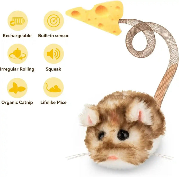 Migipaws Interactive Migimouse Cat Toy 360° Rolling & Spin with Mesh Plastic Tail for Indoor Cats Smart Motion Sensor, Realistic Squeak, Rechargeable Plush Kitten Toy(Brown Long)4