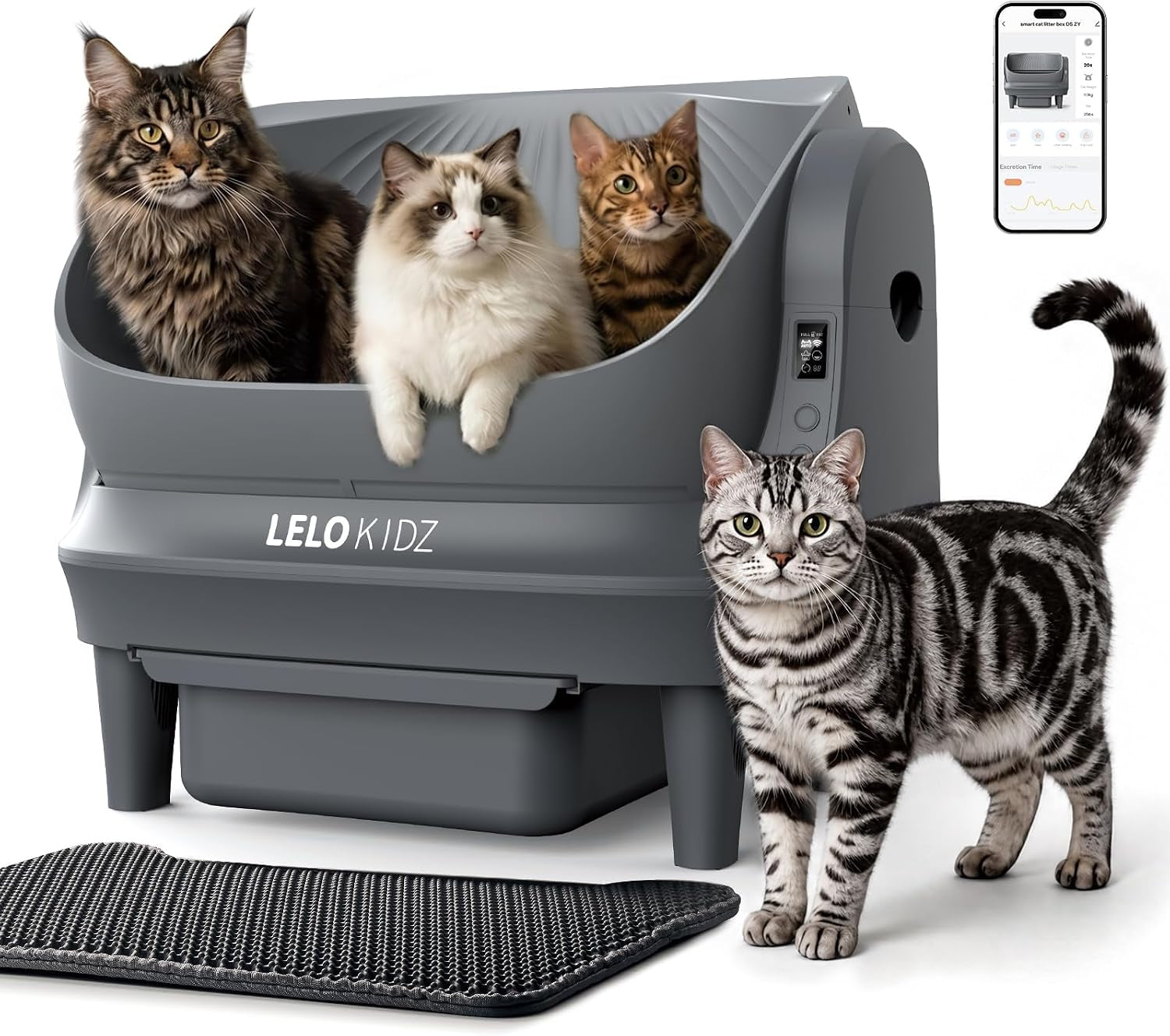 self-cleaning-litter-box-open-top-105l-automatic-litter-box-for-multiple-cats-app-control-safety-sensor-anti-pinch-includes-mat-liner-gray