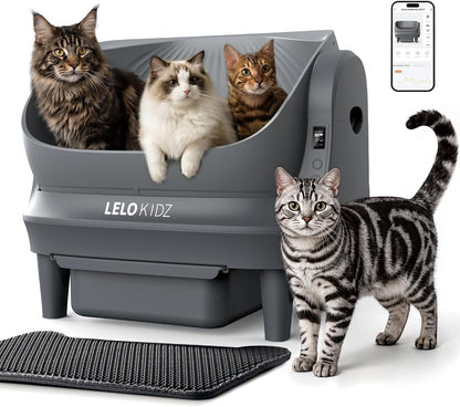Self Cleaning Litter Box, Open Top 105L Automatic Litter Box for Multiple Cats, App Control, Safety Sensor, Anti-Pinch, Includes Mat & Liner - Gray1