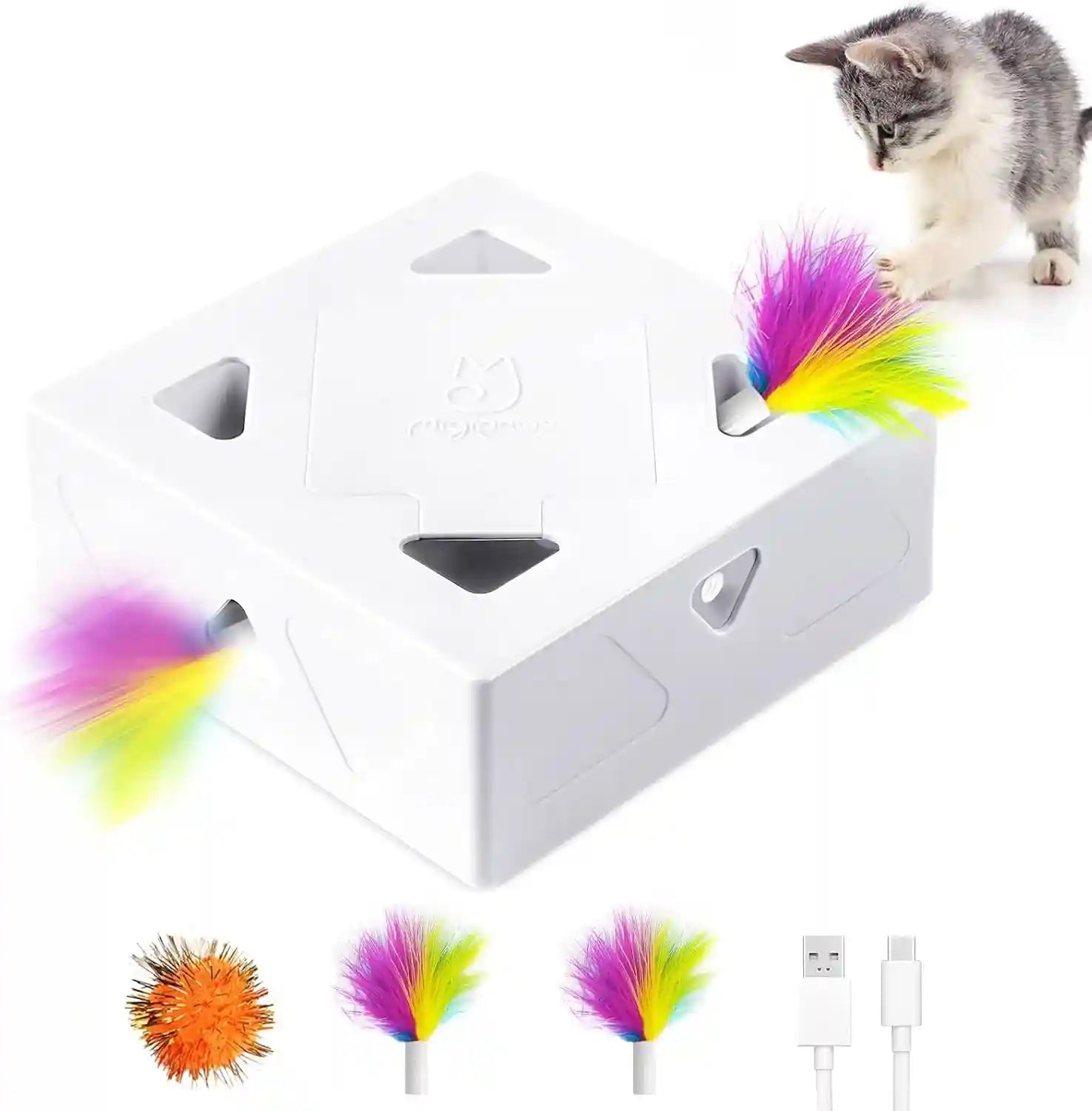 interactive-cat-toys-migibox-for-indoor-bored-cats-automatic-pop-out-feathers-from-7-holes-randomly-motion-activated-usb-rechargeable-purple-skin